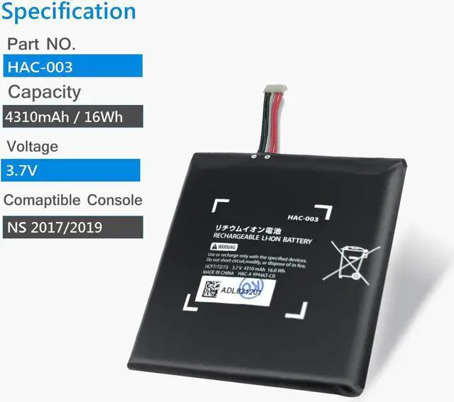 Alt view image 2 of 5 - Switch Battery Replacement, HAC-003 Internal Battery Pack Replacement for Nintendo Switch Game Console HAC-001 [3.7V 4310mAh 16Wh]