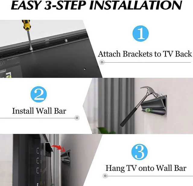 Alt view image 4 of 6 - No Stud TV Wall Mount, Drywall Studless TV Hanger No Damage, No Drill, Non Screws, Dry Wall Flat Screen TVs Easy Install Bar Bracket fits VESA 12-55 inch TVs up to 99 lbs, Include Hardware Levels