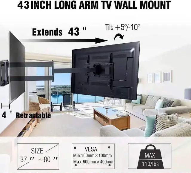 Alt view image 2 of 7 - FORGING MOUNT Long Extension TV Mount Full Motion Wall Bracket with 42 inch Long Arm Articulating TV Wall Mount for 37 to 80 Inch Flat/Curve TVs, VESA 600x400mm Compatible, Holds up to 110 lbs
