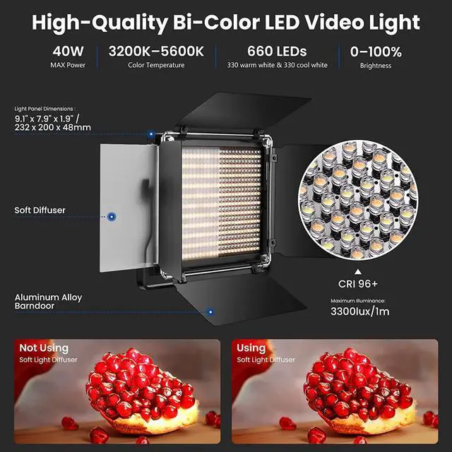 Alt view image 2 of 7 - NEEWER 2 Pack Bi Color 660 LED Video Light and Stand Kit: (2) 3200-5600K CRI 96+ Dimmable Light with U Bracket and Barndoor, (2) 75 inches Light Stand for Studio Photography, Video Recording (Black)