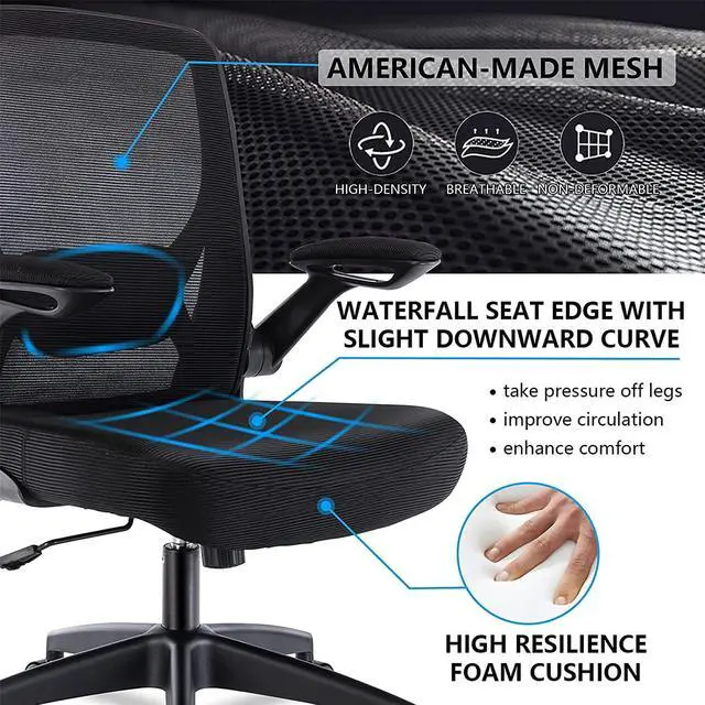 Alt view image 2 of 7 - Ergonomic Office Chair, Breathable Mesh Desk Chair, Lumbar Support Computer Chair with Wheels and Flip-up Arms, Swivel Task Chair, Adjustable Height Home Gaming Chair (Black)