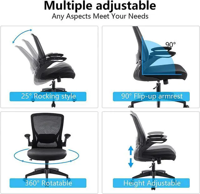 Alt view image 4 of 7 - Ergonomic Office Chair, Breathable Mesh Desk Chair, Lumbar Support Computer Chair with Wheels and Flip-up Arms, Swivel Task Chair, Adjustable Height Home Gaming Chair (Black)
