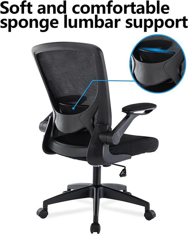 Alt view image 3 of 7 - Ergonomic Office Chair, Breathable Mesh Desk Chair, Lumbar Support Computer Chair with Wheels and Flip-up Arms, Swivel Task Chair, Adjustable Height Home Gaming Chair (Black)