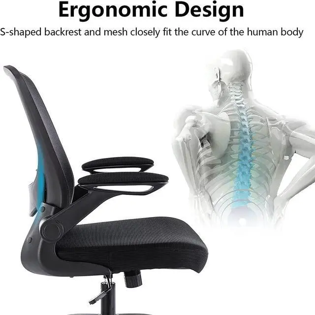 Alt view image 6 of 7 - Ergonomic Office Chair, Breathable Mesh Desk Chair, Lumbar Support Computer Chair with Wheels and Flip-up Arms, Swivel Task Chair, Adjustable Height Home Gaming Chair (Black)
