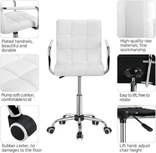 Alt view image 4 of 7 - Yaheetech White Desk Chairs with Wheels/Armrests Modern PU Leather Office Chair Midback Adjustable Home Computer Executive Chair 360° Swivel
