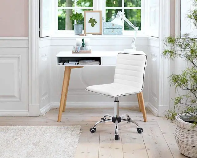 Alt view image 2 of 7 - Furmax Mid Back Vanity Chair for Makeup Room, Low Back PU Leather Swivel Computer Desk, Task and Office Chair Retro with Armless Ribbed (White)