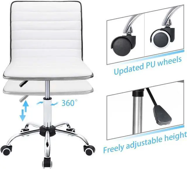 Alt view image 6 of 7 - Furmax Mid Back Vanity Chair for Makeup Room, Low Back PU Leather Swivel Computer Desk, Task and Office Chair Retro with Armless Ribbed (White)