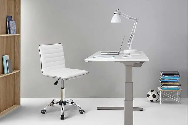 Alt view image 5 of 7 - Furmax Mid Back Vanity Chair for Makeup Room, Low Back PU Leather Swivel Computer Desk, Task and Office Chair Retro with Armless Ribbed (White)