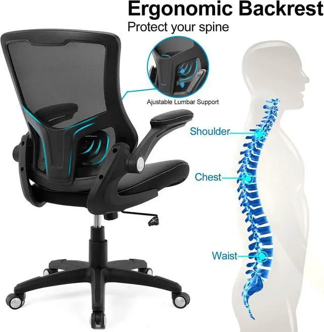 Alt view image 5 of 7 - Office Chair Ergonomic Desk Chair, Computer PU Leather Home Office Chair, Swivel Mesh Back Adjustable Lumbar Support Flip-up Arms Executive Task Chair