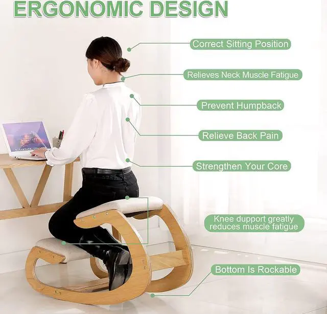 Alt view image 5 of 7 - Predawn Ergonomic Kneeling Chair,Rocking Knee Chair Upright Posture Chair for Home Office Meditation Wooden & Linen Cushion-Office Chair for Back Neck Pain Relief & Improving Posture (White Oak)