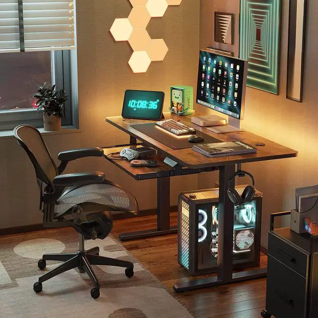 Alt view image 2 of 7 - Standing Desk with Keyboard Tray, 48 × 24 Inches Electric Height Adjustable Desk, Sit Stand Up Desk, Computer Office Desk, Rustic Brown