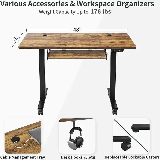 Alt view image 5 of 7 - Standing Desk with Keyboard Tray, 48 × 24 Inches Electric Height Adjustable Desk, Sit Stand Up Desk, Computer Office Desk, Rustic Brown