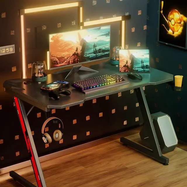 Alt view image 2 of 7 - Gaming Desk, Computer Desk with Carbon Fiber Surface, Gaming Table Z Shaped PC Gaming Workstation Home Office Desks with Cup Holder and Headphone Hook (44 inch, Black)