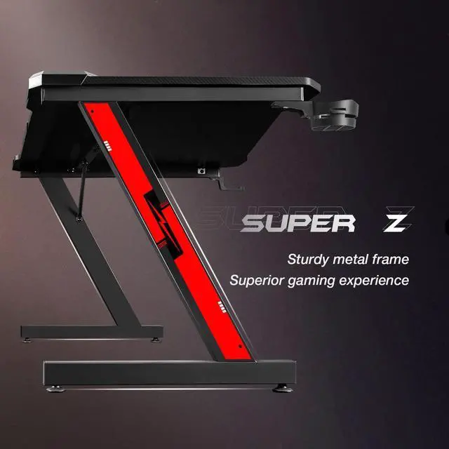 Alt view image 6 of 7 - Gaming Desk, Computer Desk with Carbon Fiber Surface, Gaming Table Z Shaped PC Gaming Workstation Home Office Desks with Cup Holder and Headphone Hook (44 inch, Black)