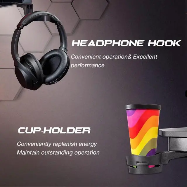 Alt view image 7 of 7 - Gaming Desk, Computer Desk with Carbon Fiber Surface, Gaming Table Z Shaped PC Gaming Workstation Home Office Desks with Cup Holder and Headphone Hook (44 inch, Black)