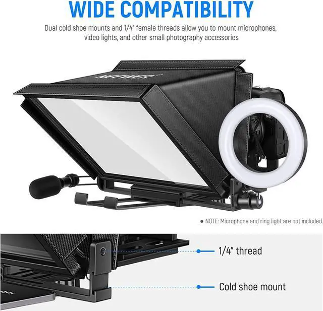Alt view image 7 of 7 - NEEWER X12 Aluminum Teleprompter with RT-110 Remote Control (Connected via Bluetooth on NEEWER Teleprompter App) & Carry Case, Compatible with iPad, iOS/Android Tablets, Smartphones, DSLRs (Black)