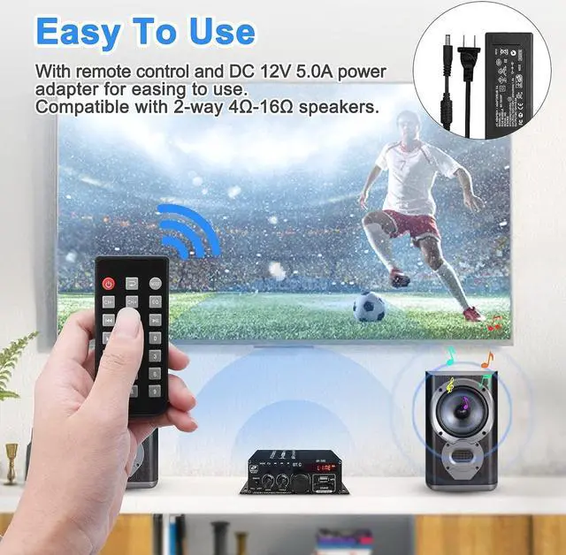 Alt view image 5 of 7 - AK-380 USB SD BT.C FM AUX Audio Power Amplifier 400W+400W 2.0 CH HiFi Stereo AMP Speaker Bluetooth 5.0 Amp Receiver with 12V 5A Power Supply,Remote Control,FM Antenna for Car Home Bar Party