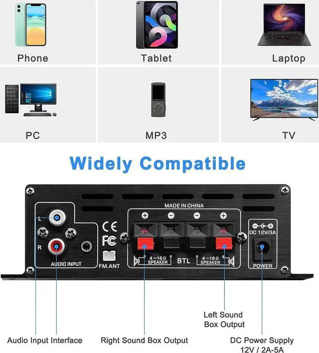 Alt view image 4 of 7 - AK-380 USB SD BT.C FM AUX Audio Power Amplifier 400W+400W 2.0 CH HiFi Stereo AMP Speaker Bluetooth 5.0 Amp Receiver with 12V 5A Power Supply,Remote Control,FM Antenna for Car Home Bar Party