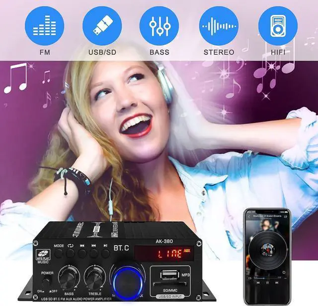 Alt view image 6 of 7 - AK-380 USB SD BT.C FM AUX Audio Power Amplifier 400W+400W 2.0 CH HiFi Stereo AMP Speaker Bluetooth 5.0 Amp Receiver with 12V 5A Power Supply,Remote Control,FM Antenna for Car Home Bar Party