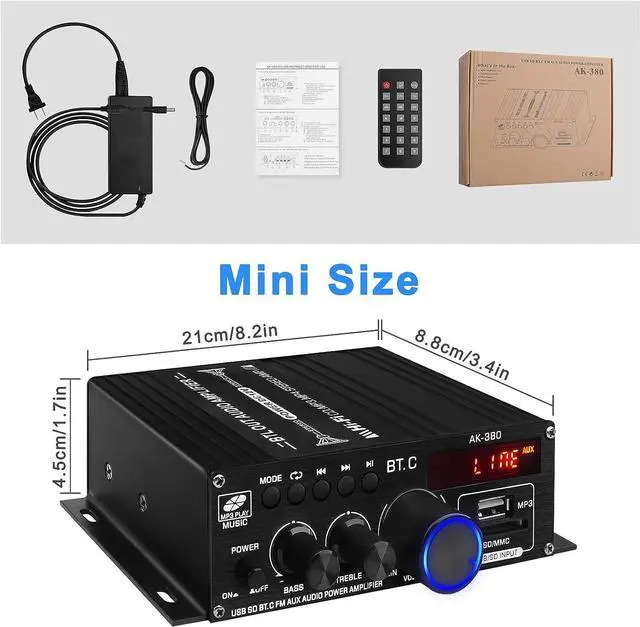 Alt view image 7 of 7 - AK-380 USB SD BT.C FM AUX Audio Power Amplifier 400W+400W 2.0 CH HiFi Stereo AMP Speaker Bluetooth 5.0 Amp Receiver with 12V 5A Power Supply,Remote Control,FM Antenna for Car Home Bar Party