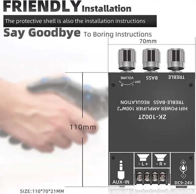 Alt view image 5 of 7 - 100W+100W Amplifier Board with Treble and Bass Control, DC 9-24V, BT and AUX Inputs, 2.0 Channel Stereo AMP Board for DIY Wireless Speakers, Password Free (ZK-1002T)