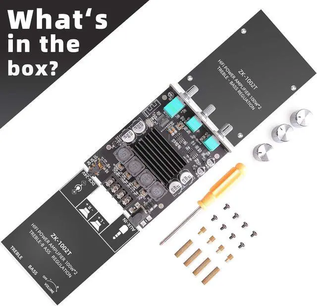Alt view image 7 of 7 - 100W+100W Amplifier Board with Treble and Bass Control, DC 9-24V, BT and AUX Inputs, 2.0 Channel Stereo AMP Board for DIY Wireless Speakers, Password Free (ZK-1002T)