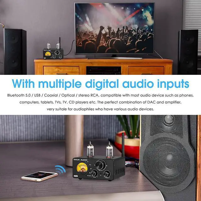Alt view image 2 of 7 - Douk Audio ST-01 200W Bluetooth Amplifier, 2 Channel Vacuum Tube Power Amp with USB DAC/Coaxial Optical Inputs/VU Meter/Treble Bass Control for Home Theater/Stereo Speakers (Upgrade Version)