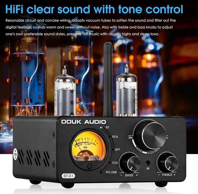 Alt view image 5 of 7 - Douk Audio ST-01 200W Bluetooth Amplifier, 2 Channel Vacuum Tube Power Amp with USB DAC/Coaxial Optical Inputs/VU Meter/Treble Bass Control for Home Theater/Stereo Speakers (Upgrade Version)