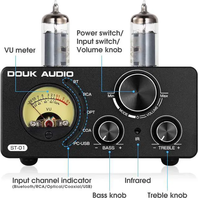 Alt view image 7 of 7 - Douk Audio ST-01 200W Bluetooth Amplifier, 2 Channel Vacuum Tube Power Amp with USB DAC/Coaxial Optical Inputs/VU Meter/Treble Bass Control for Home Theater/Stereo Speakers (Upgrade Version)