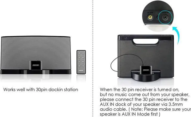 Alt view image 6 of 7 - 30 Pin Bluetooth Adapter Receiver for  iPod iPhone SoundDock and Other 30 pin Dock Speakers with 3.5mm Aux Cable(Not for Car and Motorcycles) Black