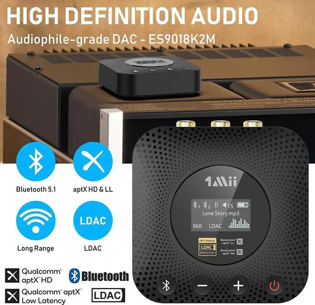 Alt view image 2 of 6 - 1Mii B06HD+ Hi-Res Bluetooth 5.1 Music Receiver for Home Stereo w/LDAC, Hi-Fi Bluetooth Adapter w/Audiophile DAC aptX HD Volume Control OLED Display, Wireless Audio Adapter for AV Receiver/Amplifier