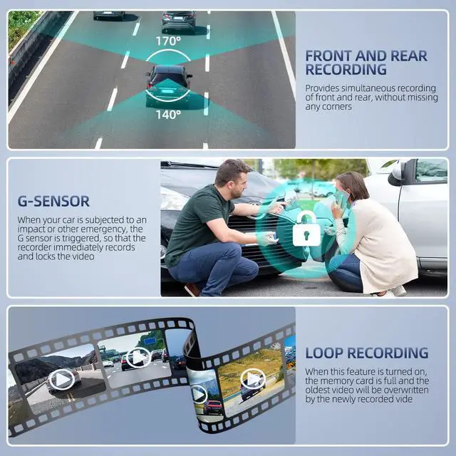 Alt view image 3 of 7 - Dash-Cam-Front-and-Inside Video Recorder Rear Camera 1080P Dashcam with 4 inches, Super Night Vision, 170°Wide Angle, Loop Recording, G-Sensor, Parking Monitor, Motion Detection, with 32GB Card
