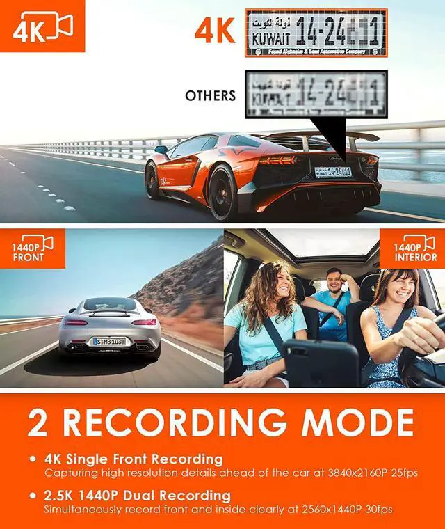Alt view image 2 of 7 - N2S 4K Dash Cam with GPS, Front and Inside Dual 2.5K 1440P, IR Night Vision Uber Car Camera, 24/7 Recording Parking Mode, Motion Detection, 256GB Supported