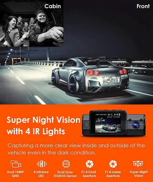 Alt view image 3 of 7 - N2S 4K Dash Cam with GPS, Front and Inside Dual 2.5K 1440P, IR Night Vision Uber Car Camera, 24/7 Recording Parking Mode, Motion Detection, 256GB Supported