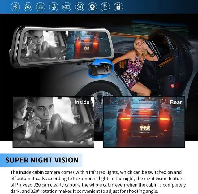 Alt view image 4 of 7 - PRUVEEO 12'' Triple Mirror Dash Cam, Front Inside and Rear 3 Channel Full Touch Screen Rear View Mirror Backup Camera, IR Night Vision(Sony Sensor), GPS, Parking Assistance, with 64GB Card