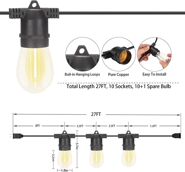 Alt view image 2 of 6 - S14 LED Outdoor String Lights, Shatterproof IP65 27Ft (Maximum 918Ft) for Patio Lightings Outdoor Waterproof, Outside Lights for Outdoor Lighting (27FT - 10 Bulbs (1 String))
