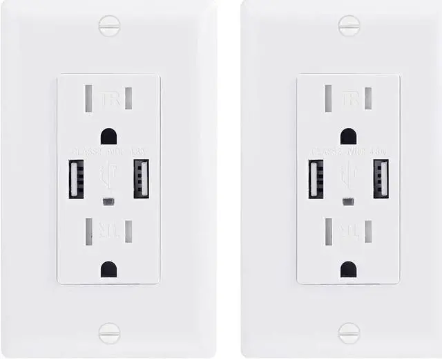 Main image of 2 Pack 4.8A Wall Outlet With USB Ports - 15Amp Duplex Tamper Resistant Charger, UL Listed, Electrical Receptacle With Dual USB, White