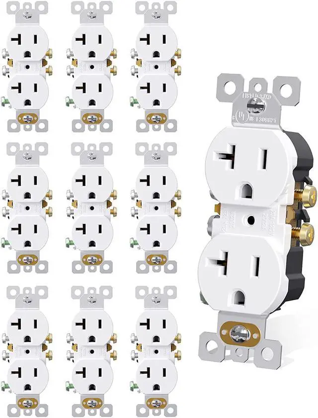 Main image of AIDA 20 Amps Outlets Duplex Electrical Receptacle Outlets, Electrical Outlet, 20Amp 125V Heavy-Duty Wall Outlet, Residential, 3-Wire, Self-Grounding, UL Listed, Side Wire (10 Pack, White)