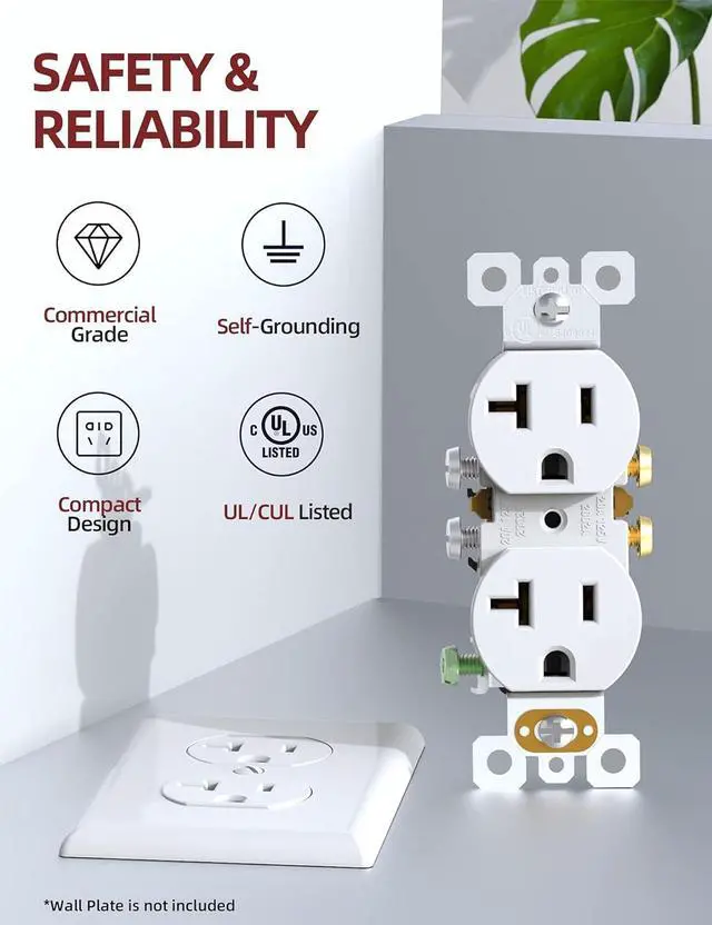 Alt view image 2 of 7 - AIDA 20 Amps Outlets Duplex Electrical Receptacle Outlets, Electrical Outlet, 20Amp 125V Heavy-Duty Wall Outlet, Residential, 3-Wire, Self-Grounding, UL Listed, Side Wire (10 Pack, White)