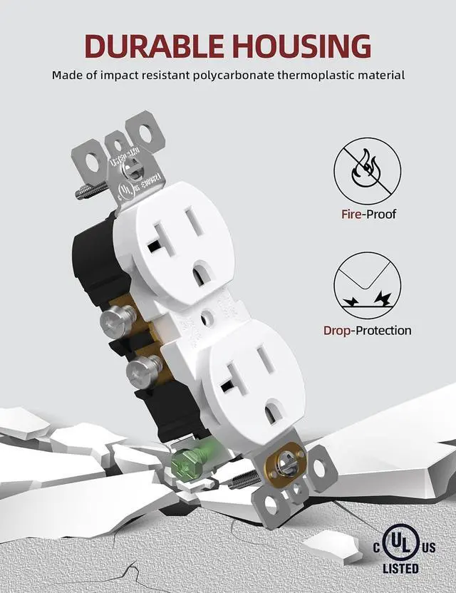Alt view image 3 of 7 - AIDA 20 Amps Outlets Duplex Electrical Receptacle Outlets, Electrical Outlet, 20Amp 125V Heavy-Duty Wall Outlet, Residential, 3-Wire, Self-Grounding, UL Listed, Side Wire (10 Pack, White)