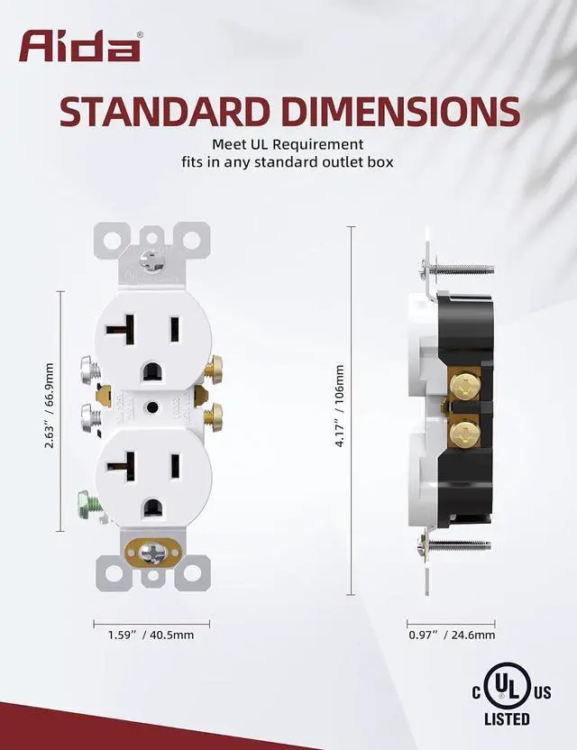 Alt view image 6 of 7 - AIDA 20 Amps Outlets Duplex Electrical Receptacle Outlets, Electrical Outlet, 20Amp 125V Heavy-Duty Wall Outlet, Residential, 3-Wire, Self-Grounding, UL Listed, Side Wire (10 Pack, White)