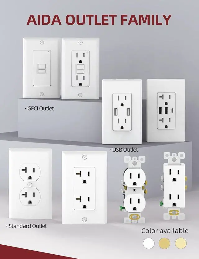 Alt view image 5 of 7 - AIDA 20 Amps Outlets Duplex Electrical Receptacle Outlets, Electrical Outlet, 20Amp 125V Heavy-Duty Wall Outlet, Residential, 3-Wire, Self-Grounding, UL Listed, Side Wire (10 Pack, White)