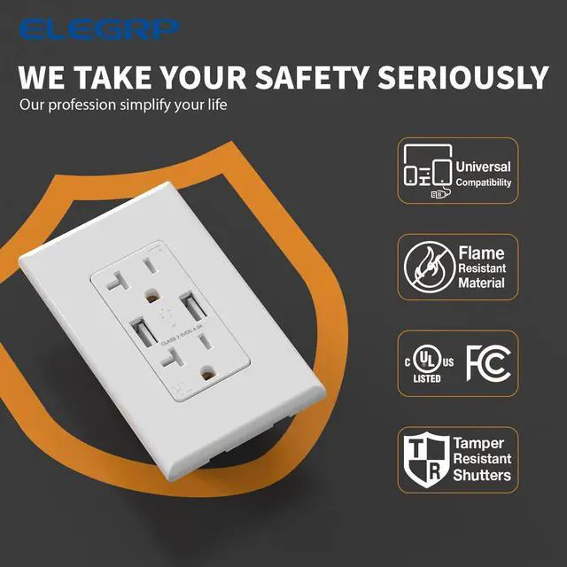 Alt view image 4 of 6 - ELEGRP USB Wall Outlet - Dual 4.0A USB Ports, 20A Tamper Resistant Receptacle, Wall Plate Included, UL Listed (10 Pack, Glossy White)