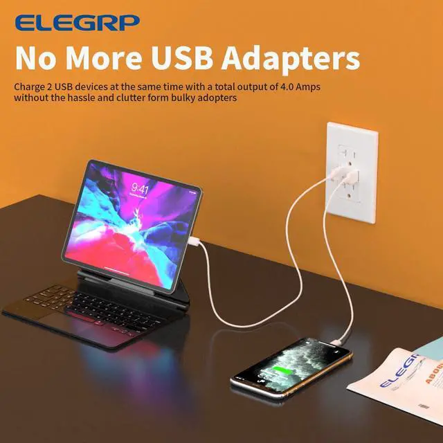 Alt view image 5 of 6 - ELEGRP USB Wall Outlet - Dual 4.0A USB Ports, 20A Tamper Resistant Receptacle, Wall Plate Included, UL Listed (10 Pack, Glossy White)