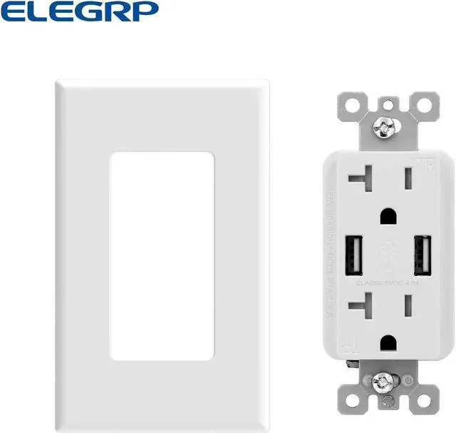 Alt view image 7 of 7 - ELEGRP USB Wall Outlet Receptacle With Dual 4.0 A Ports, 20 Amp Duplex Tamper Resistant, Charging Power Outlet, Wall Plate Included, UL Listed (2 Pack, Glossy White)