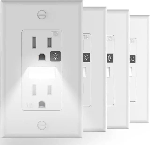 Main image of SOZULAMP Receptacle Outlet with Night Light,White Standard Decorator Electrical Wall Outlet,15A,2 Pole,3 Wire,Tamper-Resistant,Wall Plate Included(4 Pack,White)