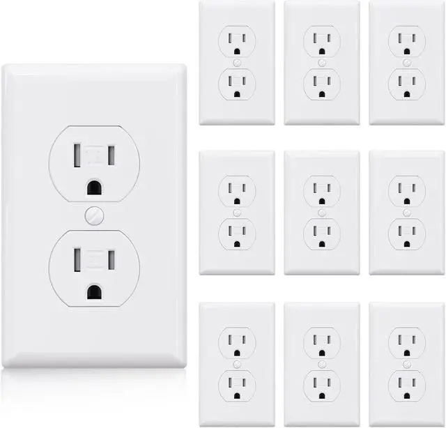 Main image of ELEGRP Tamper-Resistant Duplex Receptacle, 15A 125V Standard Electrical Duplex Wall Outlet, 2 Pole 3 Wire, 5-15R, Self-Grounding, Residential Grade, w/Wall Plate, UL Listed (Glossy White, 10 Pack)