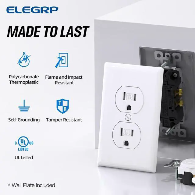 Alt view image 2 of 7 - ELEGRP Tamper-Resistant Duplex Receptacle, 15A 125V Standard Electrical Duplex Wall Outlet, 2 Pole 3 Wire, 5-15R, Self-Grounding, Residential Grade, w/Wall Plate, UL Listed (Glossy White, 10 Pack)