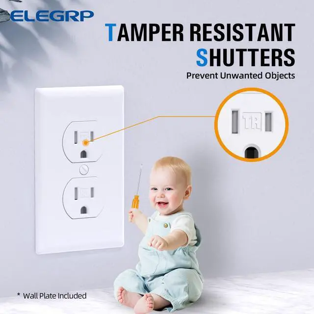 Alt view image 4 of 7 - ELEGRP Tamper-Resistant Duplex Receptacle, 15A 125V Standard Electrical Duplex Wall Outlet, 2 Pole 3 Wire, 5-15R, Self-Grounding, Residential Grade, w/Wall Plate, UL Listed (Glossy White, 10 Pack)