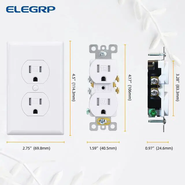 Alt view image 6 of 7 - ELEGRP Tamper-Resistant Duplex Receptacle, 15A 125V Standard Electrical Duplex Wall Outlet, 2 Pole 3 Wire, 5-15R, Self-Grounding, Residential Grade, w/Wall Plate, UL Listed (Glossy White, 10 Pack)
